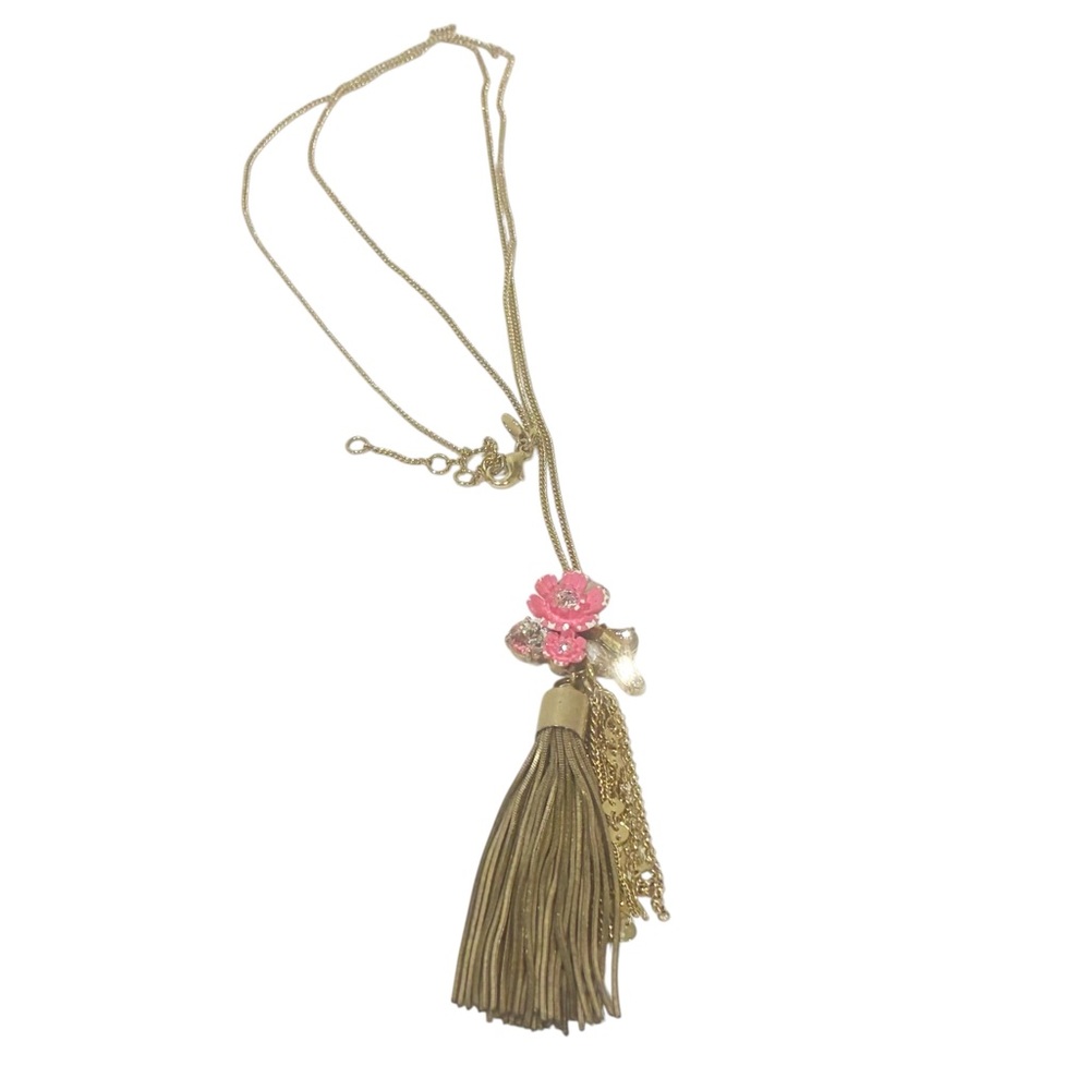 J CREW Pink Flower Jeweled Long Tassel Pendant‎ Necklace 32" Jewelry